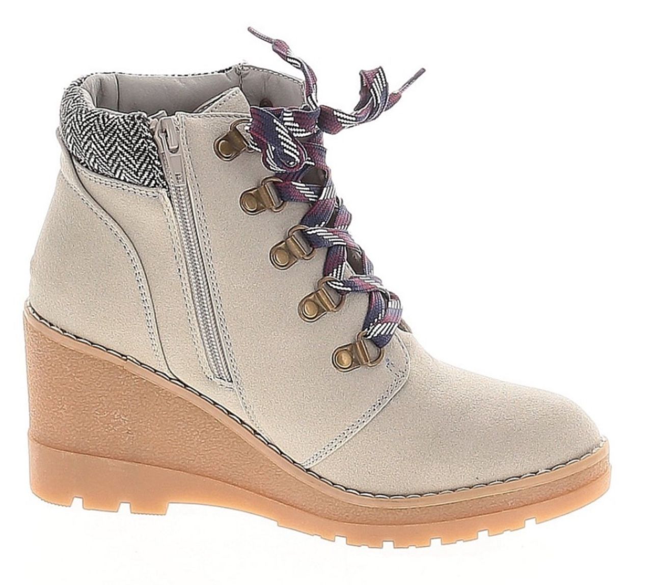 This is a Maurices Claire Gray Knit Collar Lace Up Wedge boot. 