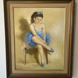 Vintage Ballerina Oil On Canvas Painting From The 1950 To 1960”s Signed By The Artist 37 X 31”