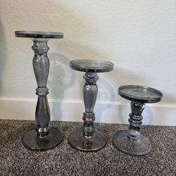 3 Gray Glass Pillar Candle Holders