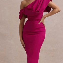 ADRINA Dark Pink Draped One Shoulder Midi Dress