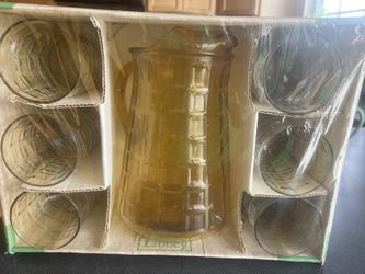 New Vintage Libbey Amber 7 piece beverage set six 16 oz. Coolers and 80 oz. Pitcher