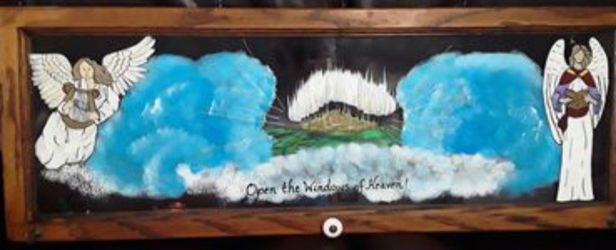 Open The Windows Of Heaven.  12" X 33" Painting On Glass Window Pane 