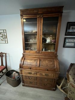 Antique Roll Top Desk & Hutch with Glass Doors