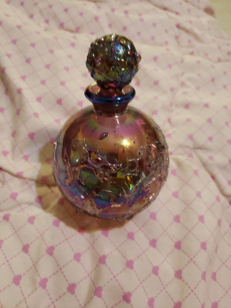 Rare Vintage Irice Glass Iridescent Perfume Bottle Carnival Purple 4.5"