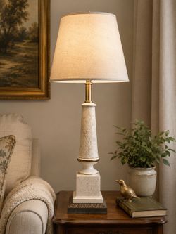 Vintage Leviton White Ceramic Etched Floral Table Lamp