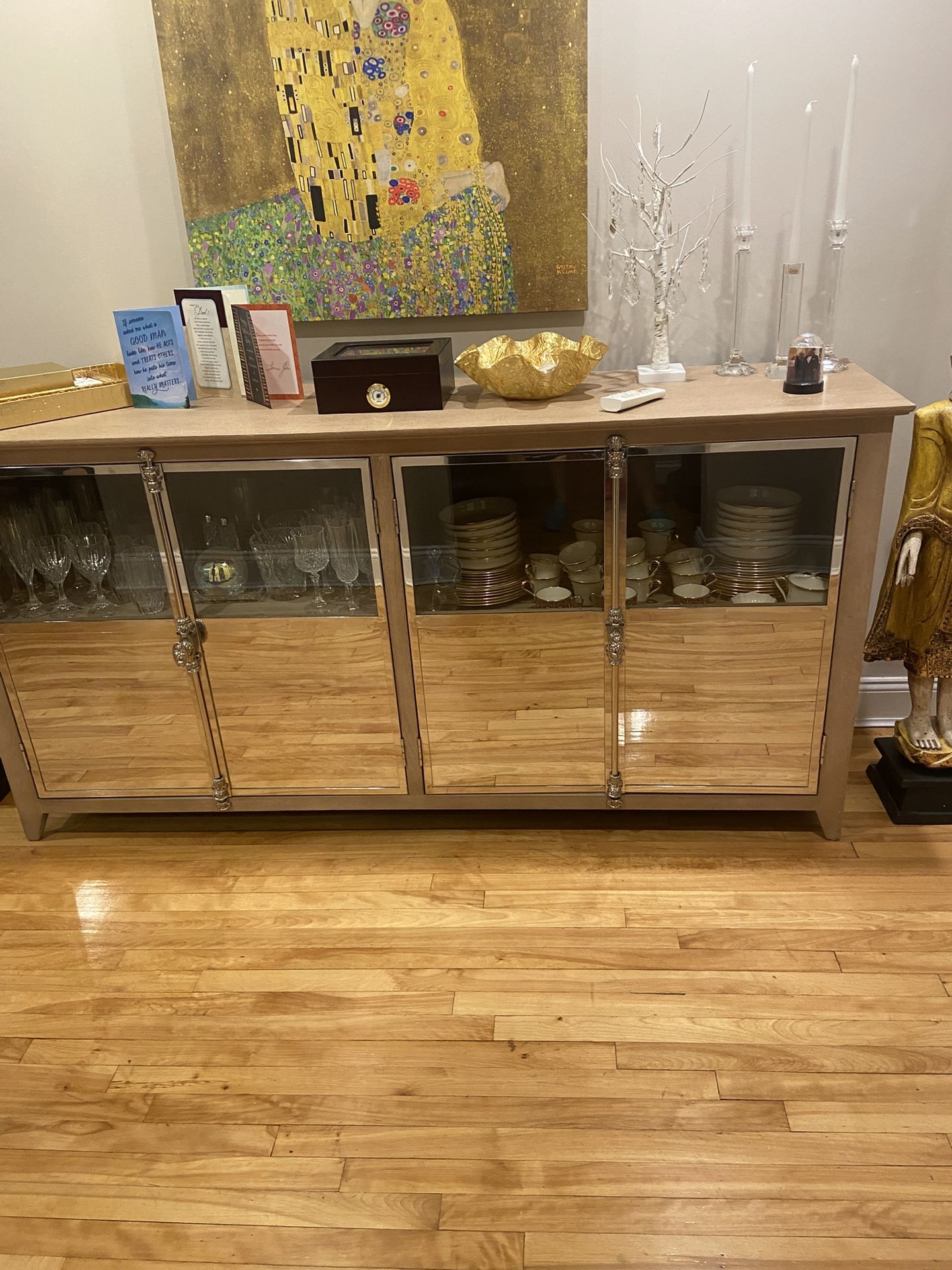 Sideboard/ Server With Storage Washed Natural Glass Doors 2 Shelves Each Door Gold Trim Details 