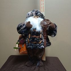 Vintage 18" Woodland Santa Claus Figurine Faux Fur Snowshoes Cabin Decor