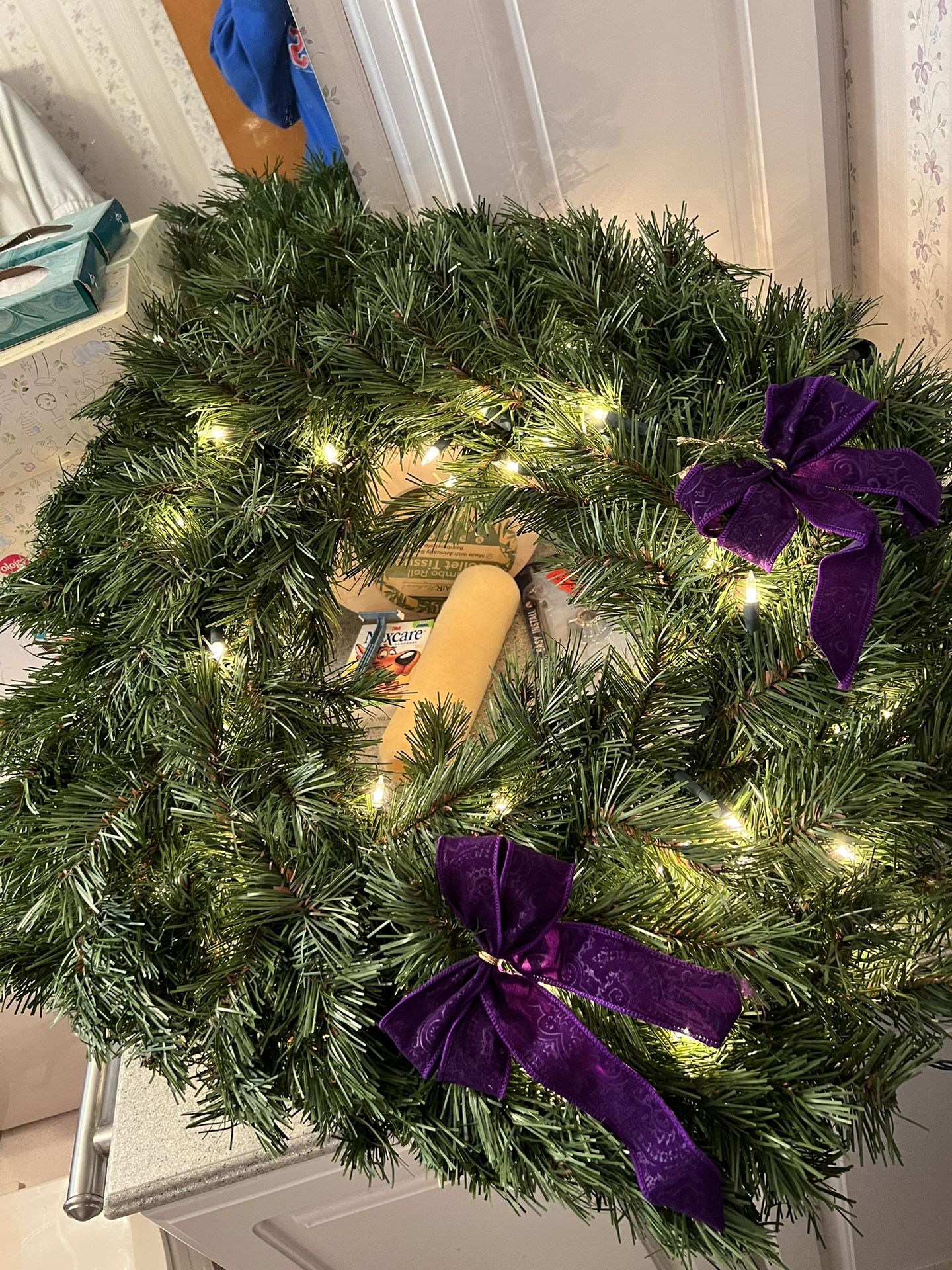 Christmas Wreath W/ Lights & Purple Ribbons