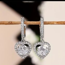 925 Silver plated Hypoallergenic Ear Jewelry Heart Shape Shiny Zircon Inlaid Dangle Earrings Elegant Style Delicate Female Gift