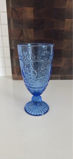 14 Blue Embossed Glass Goblets – $85