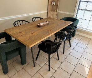 Modern Rustic Dining Set – Solid Wood Table + 4 Black Chairs + 2 Emerald Green Accent Chairs
