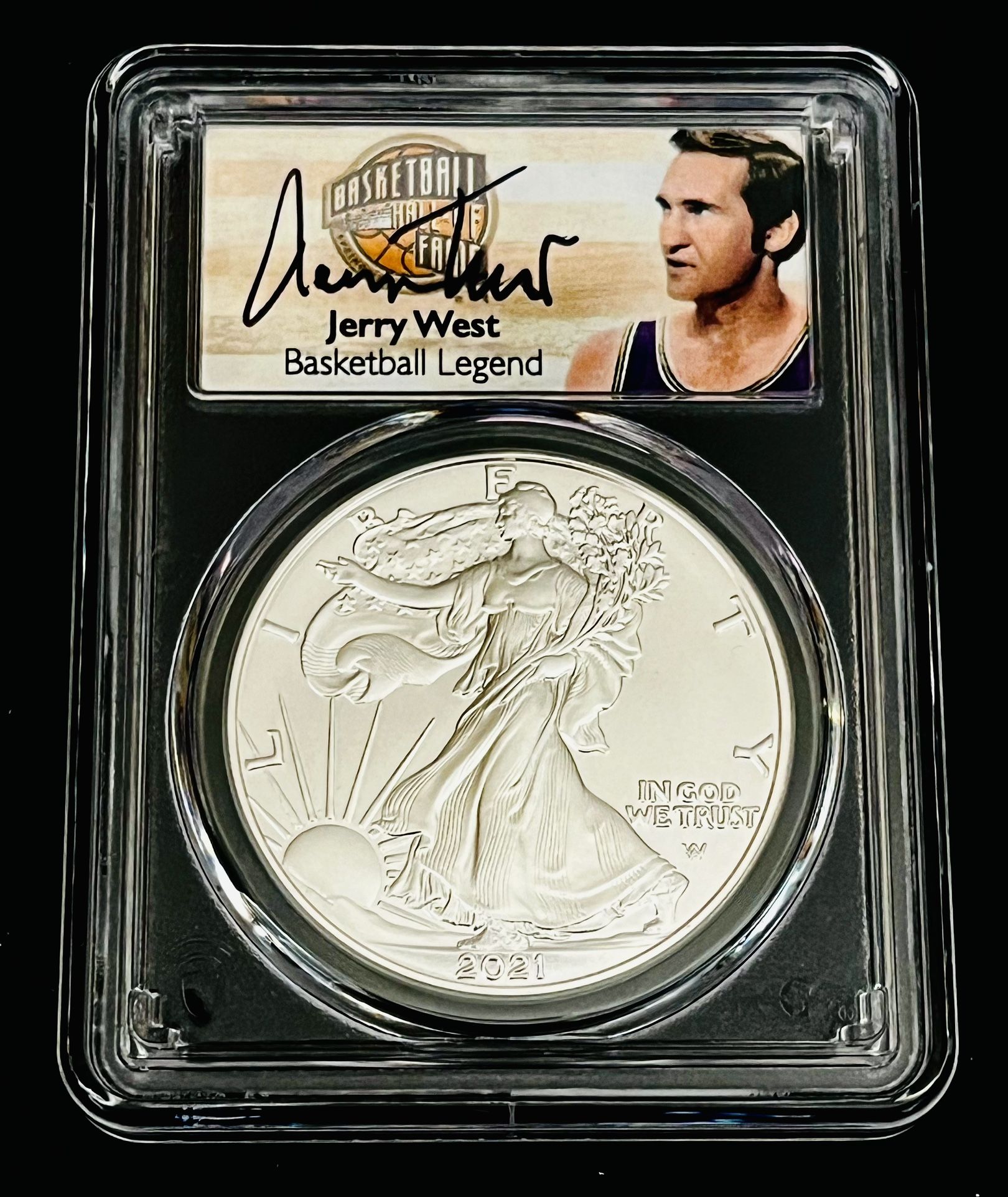 PCGS MS 70 2023 FDOI MORGAN SILVER DOLLAR SIGNED JERRY WEST HOF LABEL