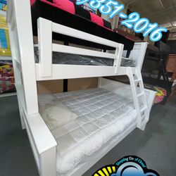 White Twin/ Full Pinewood Bunk Bed Complete Set With Mattresses