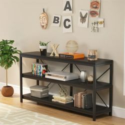 3 Tiers Console Table TV Stand with Storage Shelves,Sofa Table Black Stainless Steel Finish Modern & Contemporary Wood and Metal