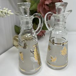 Vintage Anchor Hocking Gold Leaf Cruet Set w/ Stoppers – Set of 2