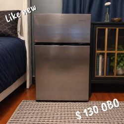 Vissani 2-Door Mini Fridge with Freezer, Stainless Finish, Like New