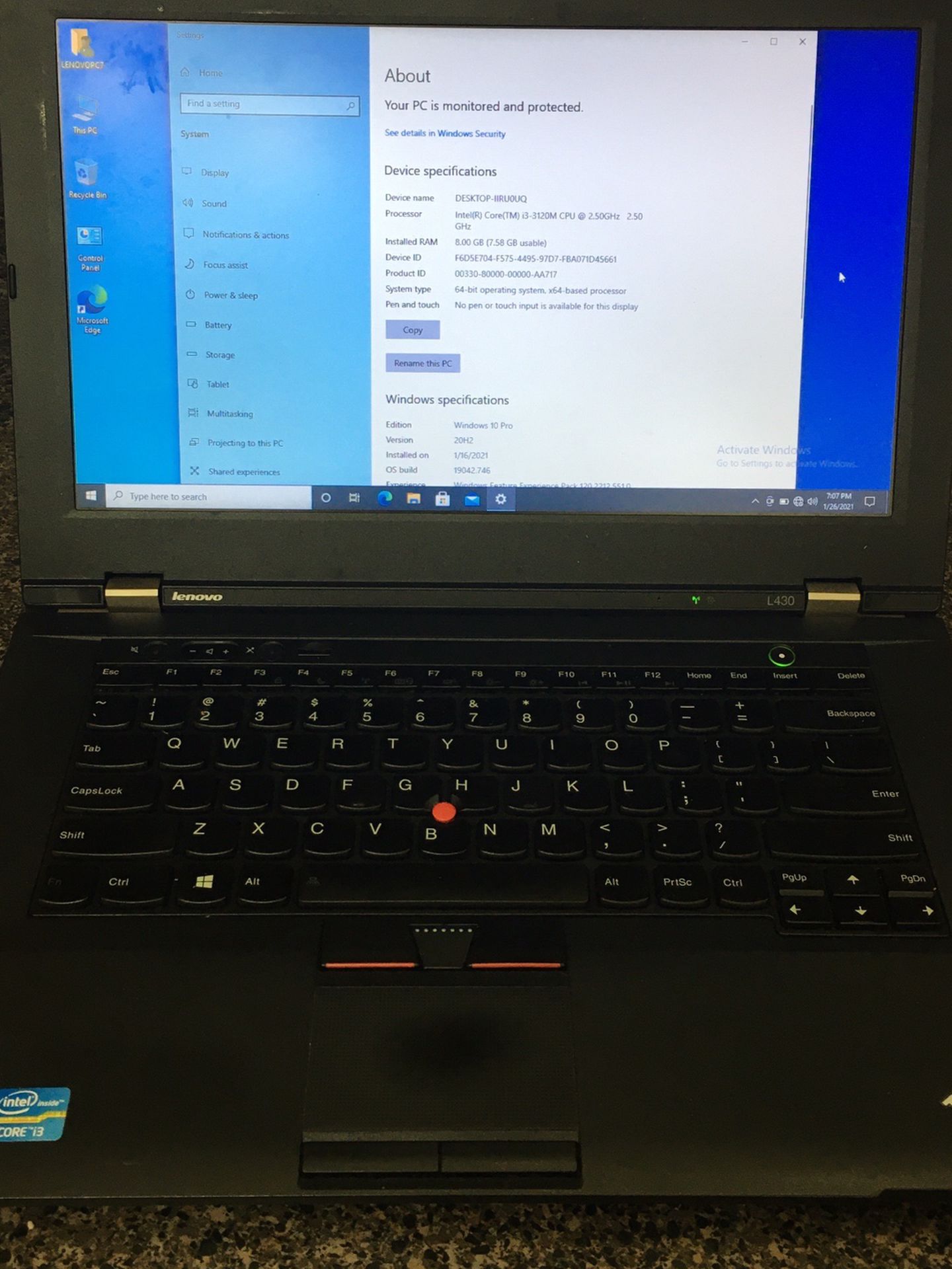 Lenovo ThinkPad L430,240GB SSD,8GB,i3,Windows 10 Pro