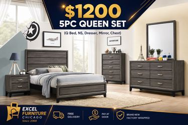 🌺 FREE DELIVERY 🌺Brand New 5PC Queen Size Bedroom Set ( Queen Bedframe, NS, Dresser, Mirror, Chest)