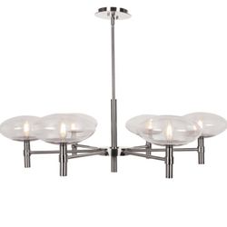 New 37.5” Dia Large 6-Light Brushed Steel Sputnik Chandelier Clear Glass LED Dimmable
