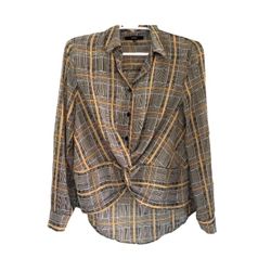 Blashe Ruffled Tie Front Blouse Black White Yellow Chiffon Plaid SMALL