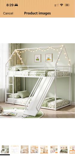 (AMAZON) White Metal Kids Bunk Bed with Slide