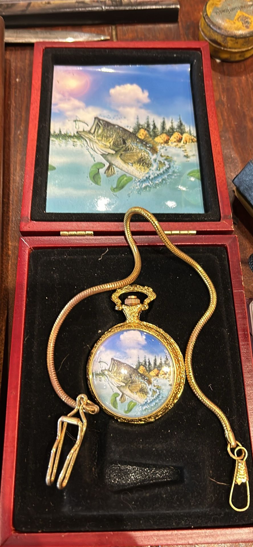 Beautiful fishing pocket watch in box new