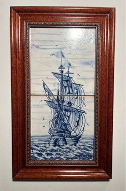 Vintage Sant’Anna Lisboa Portugal Hand-Painted and Framed Ship Scene Tile Panel