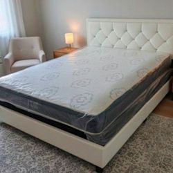 Queen Size Bed Frame, Diamond Headboard Platform Bed Frame With Mattress New 