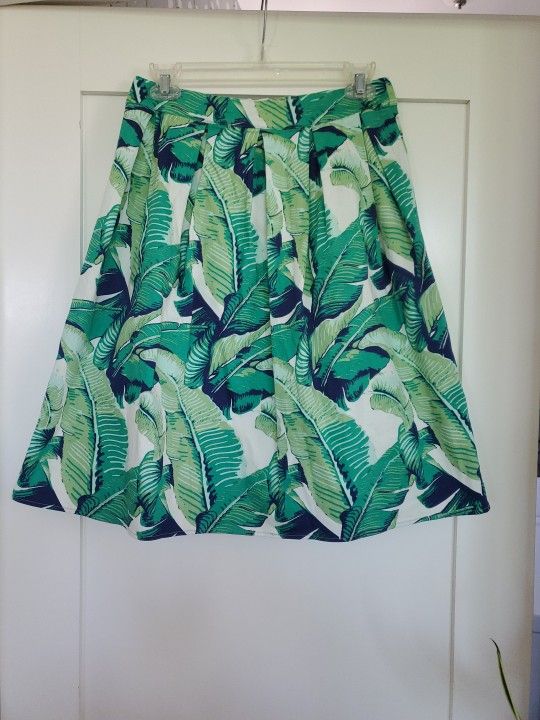EUC Blue Rain Brand Hawaiian Palm Print Pleated Knee Length Skirt 