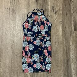 Navy blue floral halter dress with adjustable straps and tie back