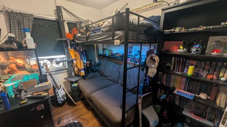 Metal bunk bed, mattress and couch