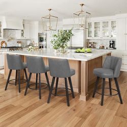 Set Of 4 Faux Leather Swivel Barstools