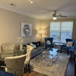 Full Modern Glam Living Room Set – Sofa, Chairs & Glass Tables