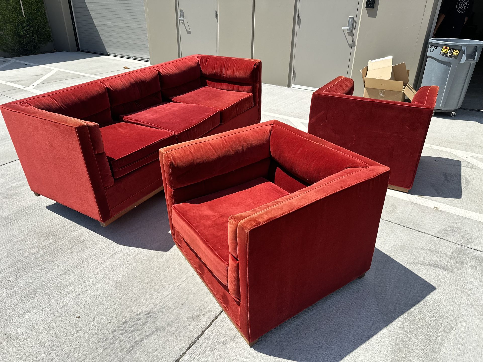 Red Velvet Couch And Two Club Chairs
