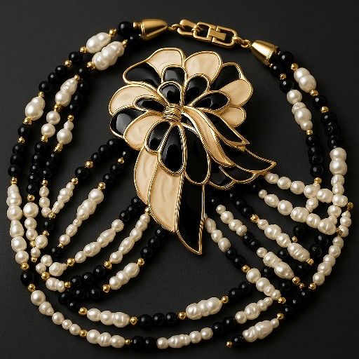 Vintage Tifari Statement Necklace – Black Ivory Floral Elegance - Main Image