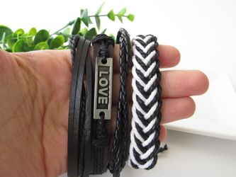 Adjustable Size up to 9.5inc Braided Multi-layer Leather Bracelet (Set of 4), Love