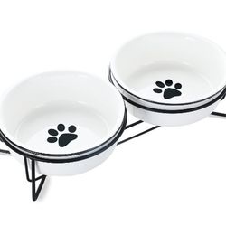 GDCZ Ceramics Raised Cat Small Dog Bowls with Heighten Metal Stand for Pet Food 15 Ounces, White