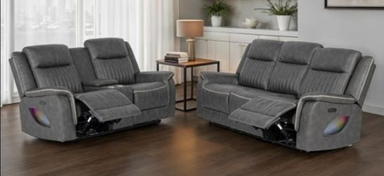 Brand New Grey Super Plush Power Reclining Sofa & Loveseat