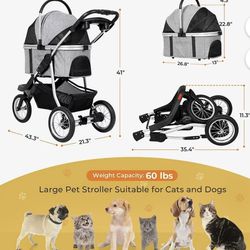 😀 Foldable Pet Stroller 3-in-1 Jogging Travel Stroller for Cat Dog with Detachable Carrier & Zipperless Dual Entry, Gray