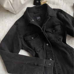 Zara Black Long Denim Jean Jacket