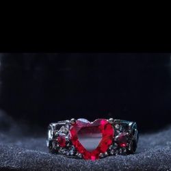 Garnet Heart Shaped Center Stone, Ladies Sterling Silver Ring  , Size 7