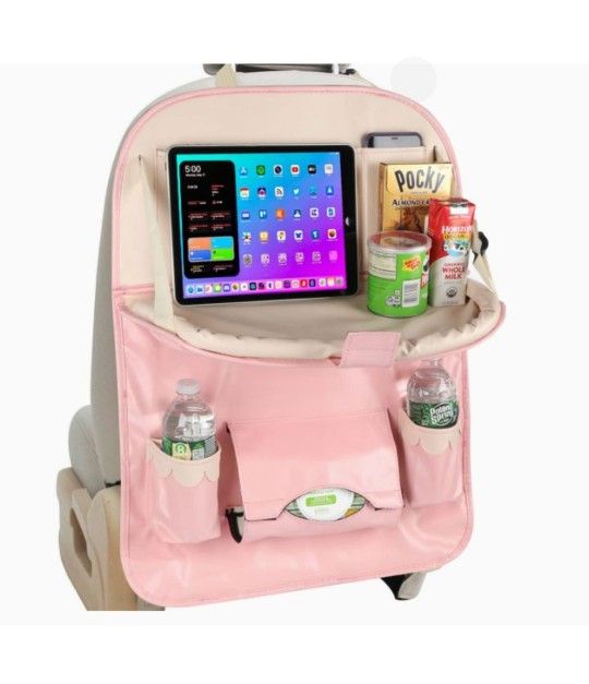 Pink back seat organizer for kids, road trip essentials, ipad holder for car backseat, baby storage organizer, kids console cup holder, car snack tray