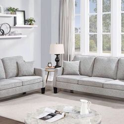 2pc Chenille Sofa Set In Light Grey, Charcoal & Blue With 4 Toss Pillows $699