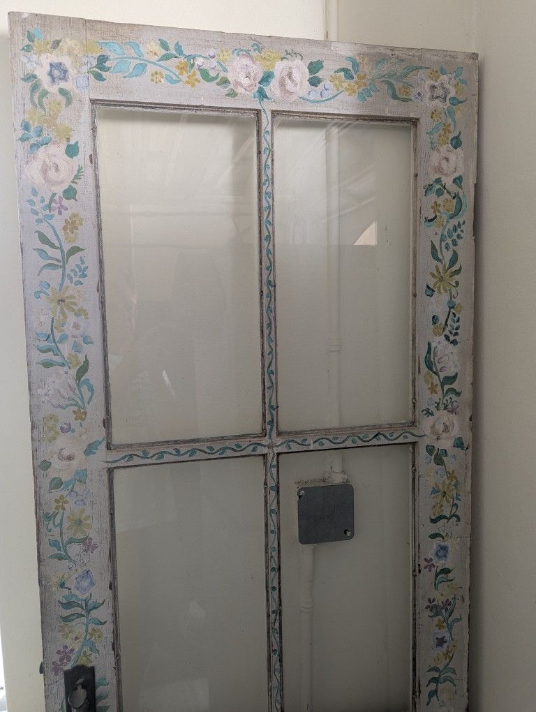 Antique Painted Wood Door With 4 Glass Panes