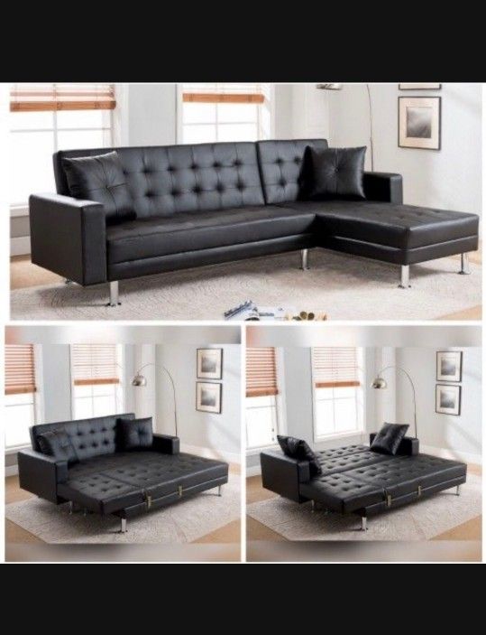 Black Leather Sectional Sofa Sleeper New 
