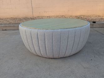 Round Upholstered Ottoman with Wood Top