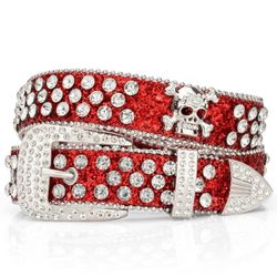 Rhinestone Red And Silver Belt Skull Head