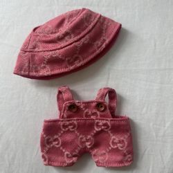 PINK GUCCI LABUBU OVERALLS AND BUCKET HAT🩷