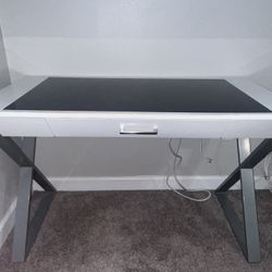 Office Desk - White With Black Glass Top + Built-In Outlets