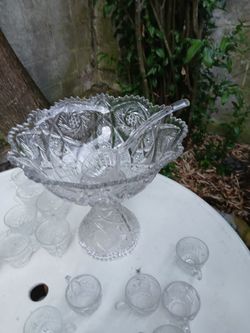 Beautiful vintage Pressed Glass punch bowl cups and ladle